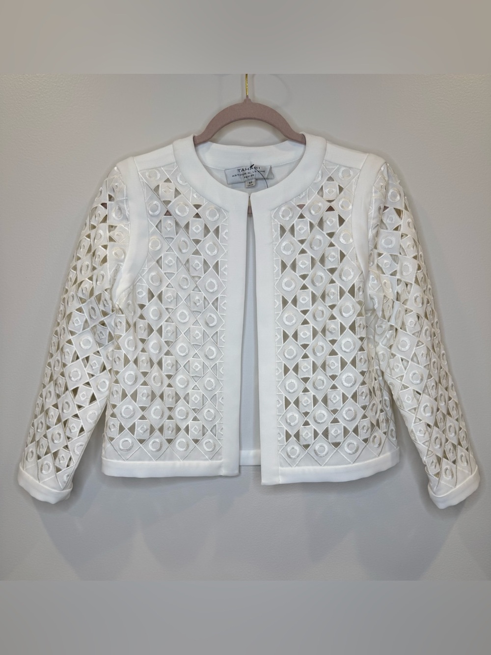 NWOT Tahari Arthur S. Levine Petite White Geometric Cutout Open Front Jacket 6P